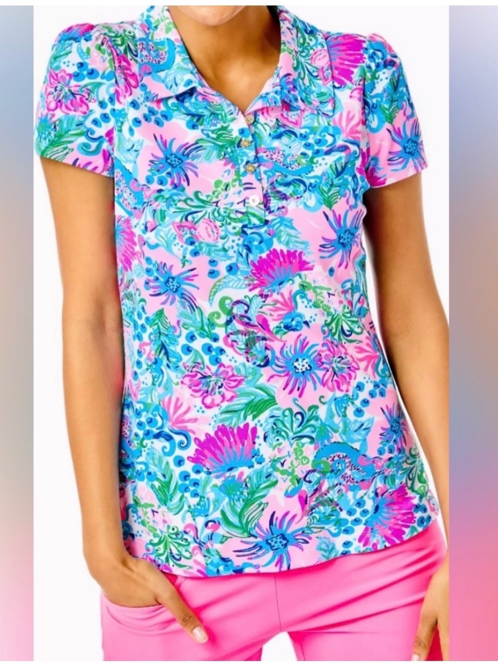 Lily PUlitzer NWT UPF50 Luxletic Frida Puff Sleeve Polo Mandevilla Baby Paradis
